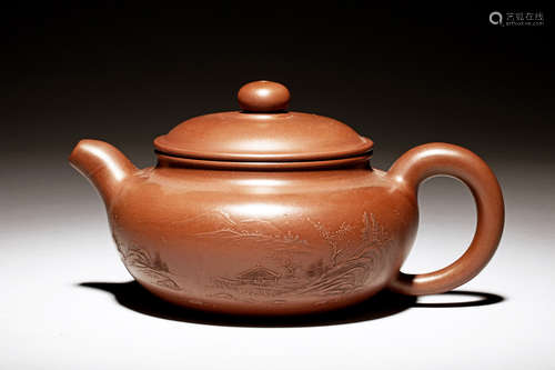 YIXING ZISHA 'LANDSCAPE & CALLIGRAPHY' TEAPOT