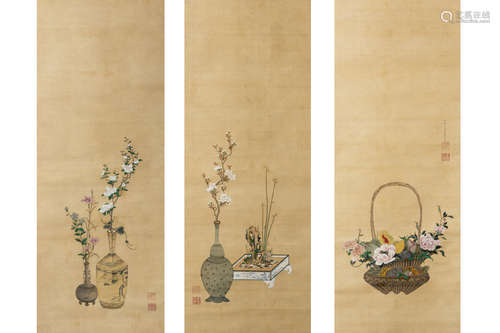 YANAGISAWA KI-EN: THREE INK AND COLOR ON SILK PAINTINGS 'FLOWERS'