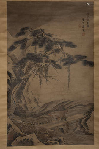 TANG YIN: INK AND COLOR ON PAPER PAINTING 'MOUNTAIN SCENERY'