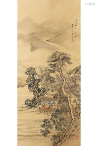 INK AND COLOR ON SILK PAINTING 'LANDSCAPE SCENERY'