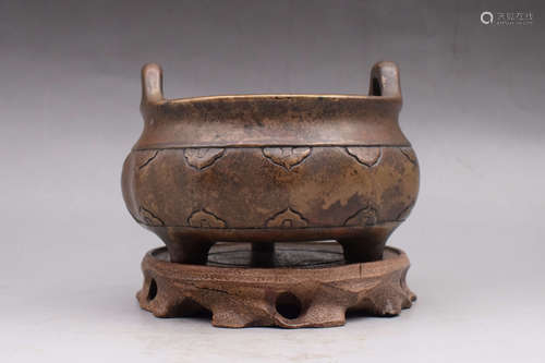 BRONZE CAST TRIPOD CENSER WITH HANDLES AND STAND