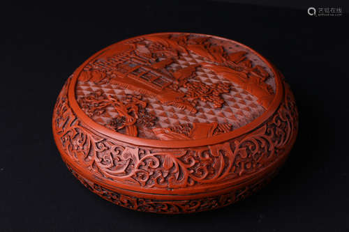 CINNABAR LACQUER CARVED 'LANDSCAPE' ROUND BOX WITH COVER