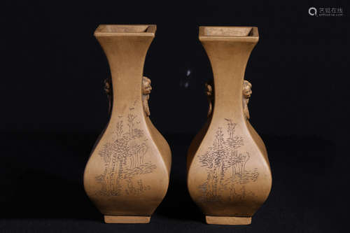 PAIR OF YIXING ZISHA 'FLOWERS AND CALLIGRAPHY' VASES