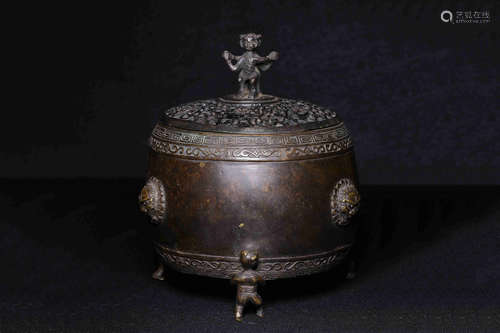 BRONZE CAST TRIPOD CENSER WITH OPENWORK LID