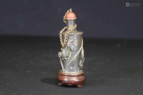 BRONZE CAST 'CHILONG' SNUFF BOTTLE WITH STAND