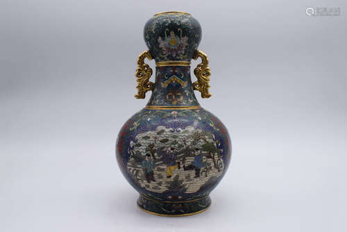 CLOISONNE ENAMELED OPEN MEDALLION VASE WITH HANDLES