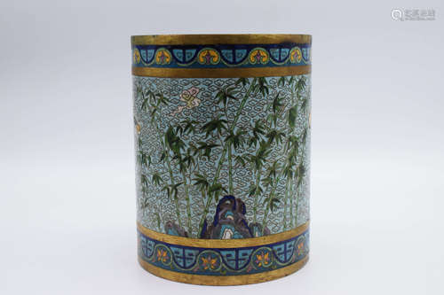 CLOISONNE ENAMELED 'BAMBOO AND CRANES' BRUSH POT