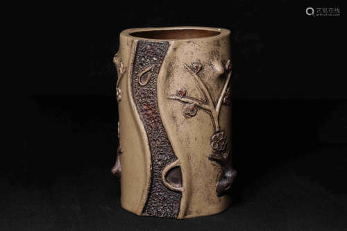 YIXING ZISHA CARVED NATURALISTIC 'TREE TRUNK' BRUSH POT