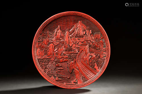 CINNABAR LACUQER CARVED 'GREAT WALL' DISH