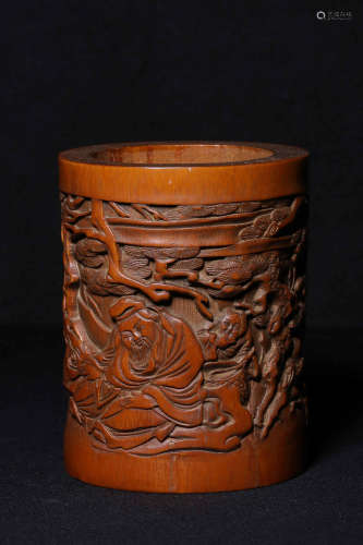 BAMBOO CARVED 'PEOPLE' BRUSH POT