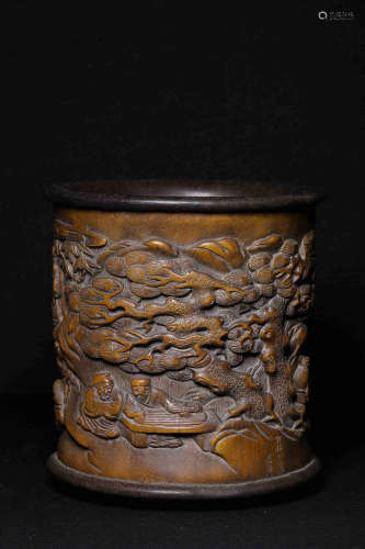 BAMBOO CARVED 'SEVEN SCHOLARS IN BAMBOO GROVE' BRUSH POT