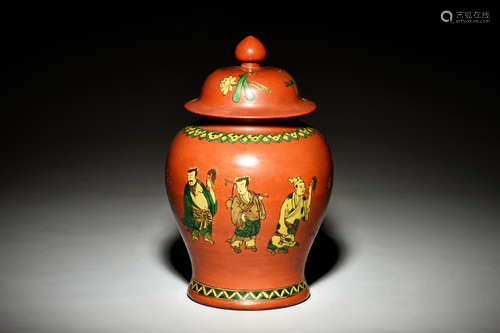 RED GROUND SANCAI 'EIGHT IMMORTALS' JAR WITH COVER