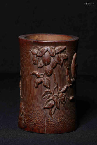 BAMBOO CARVED 'BIRDS AND FRUITS' BRUSH POT