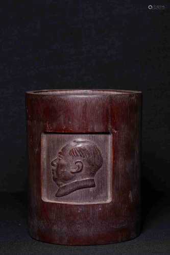 BAMBOO CARVED 'CHAIRMAN MAO AND CALLIGRAPHY' BRUSH POT