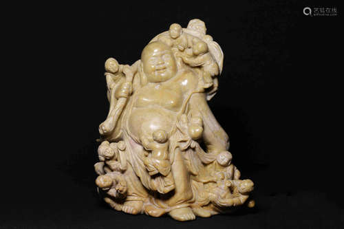 SHOUSHAN SOAPSTONE CARVED 'BODHISATTVA AND CHILDREN' FIGURE