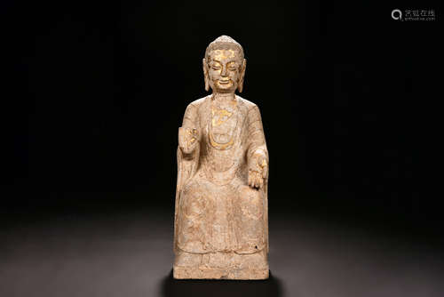 PARCEL GILT LIMESTONE SHAKYAMUNI SEATED FIGURE