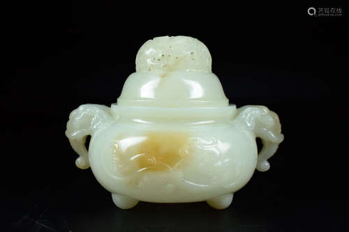 JADE CARVED TRIPOD CENSER WITH LID AND HANDLE