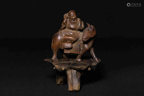 BAMBOO CARVED 'ELDER AND COW' FIGURE WITH STAND