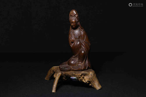 BAMBOO CARVED 'GUANYIN' SEATED FIGURE WITH STAND