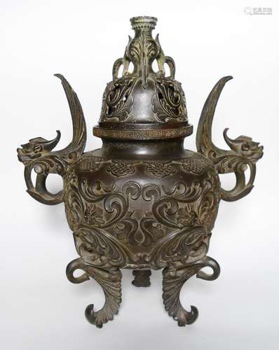 A Rare Bronze Tripod Censer and Cover, Qianlong Mark and Period.