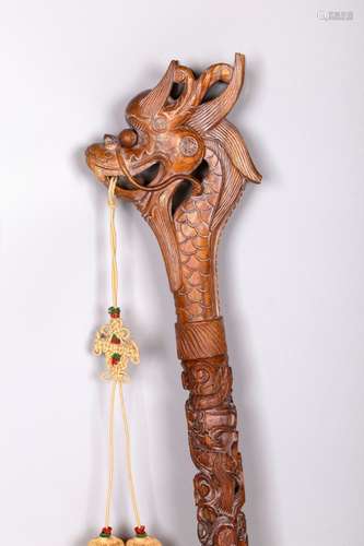 A Wooden Richly Carved Long Cane, China, Qing Dynasty.