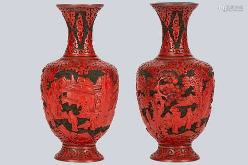 A Pair of Cinnabar-Red and Black Lacquer Vases, Qing Dynasty.