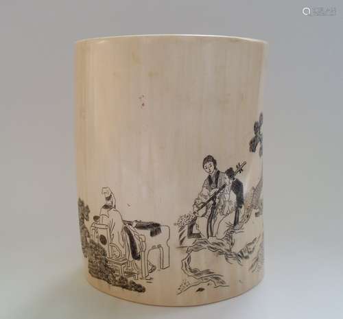 A Chinese Etched Ivory Brush Pot, marked on bottom.