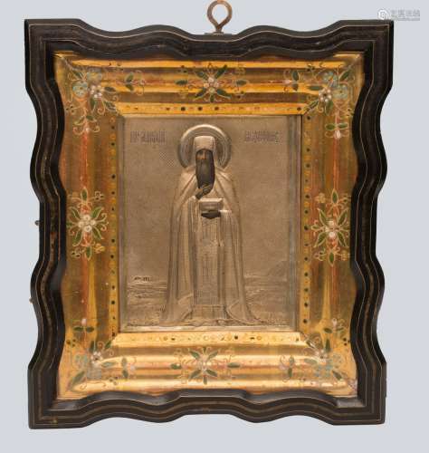 A Russian Icon of Saint Alimpy(Alypius) Iconographer with Gilt Silver
Oklad and Kiot.