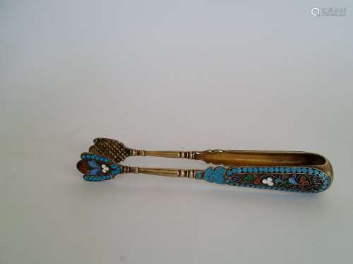 A Gilt Silver and Cloisonne Enameled Sugar Tongs, Russia 19 Century.