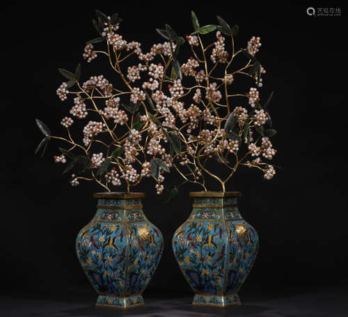 PAIR CLOISONNE VASE WITH PEARL FLOWER BONSAI