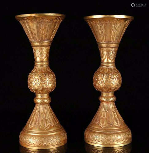 PAIR GILT BRONZE BEAST FACE PATTERN ZUN VASE