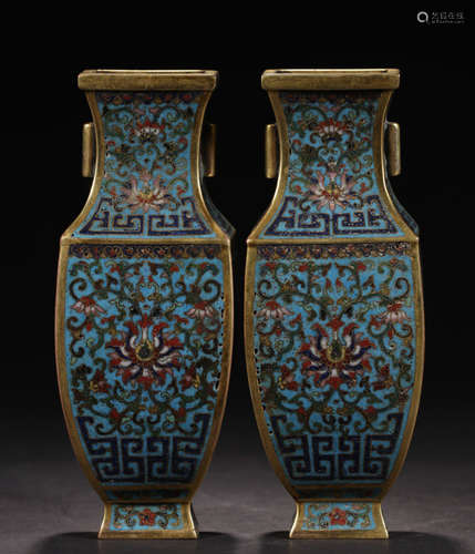 PAIR CLOISONNE WRAPPED LOTUS PATTERN SQUARE VASES