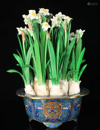 A CLOISONNE COLORED DAFFODIL SHAPED BONSAI