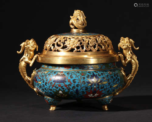 A BRONZE EMAMELED FLORAL PATTERN TRIPOD CENSER