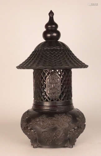 A ZITAN WOOD CARVED TOWER SHAOED CENSER