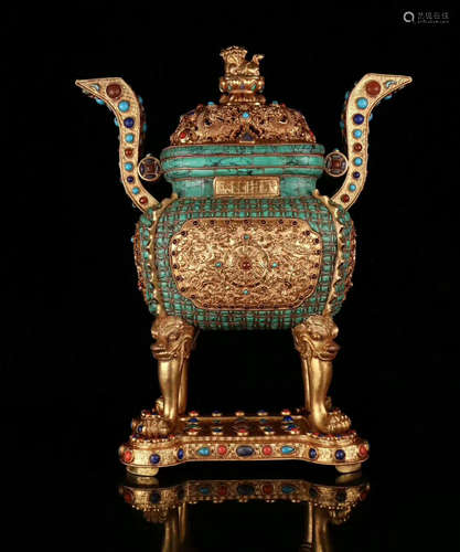 A GILT BRONZE GEM DECORATED CENSER