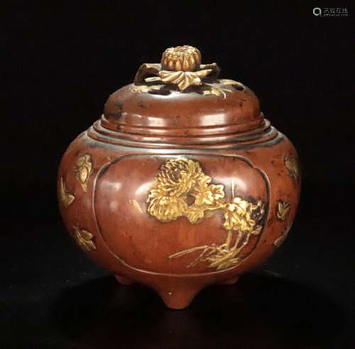 A GILT BRONZE CASTED FLORAL&BIRD PATTERN CENSER