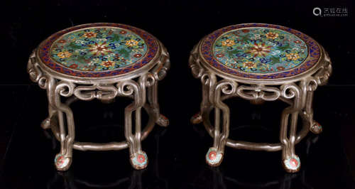 PAIR CLOISONNE GILT SILVER FLORAL PATTERN STOOLS