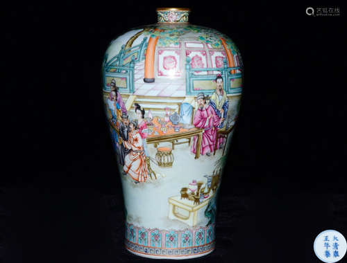 A FAMILLE ROSE GILD CHARACTER STORY VASE