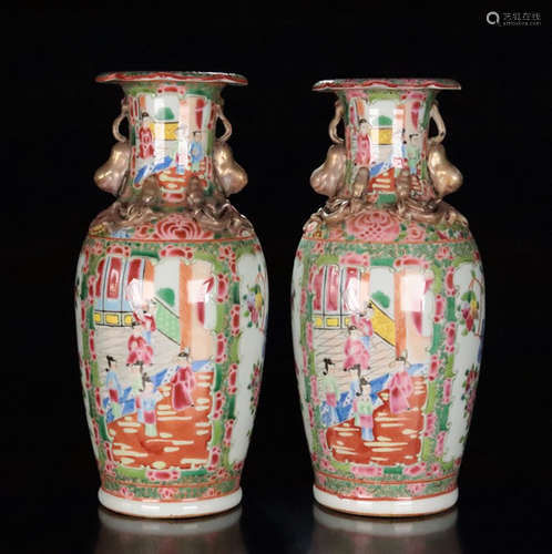 PAIR FAMILLE ROSE GILD FIGURE PATTERN VASES