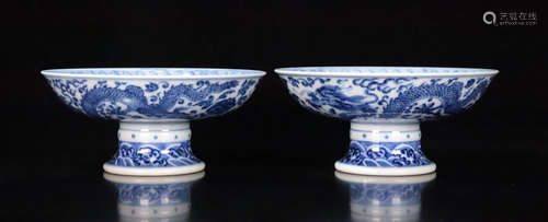 PAIR BLUE&WHITE GLAZE DRAGON PATTERN PLATE