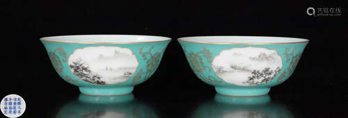 PAIR GREEN GLAZE LANDSCAPE PATTERN BOWL