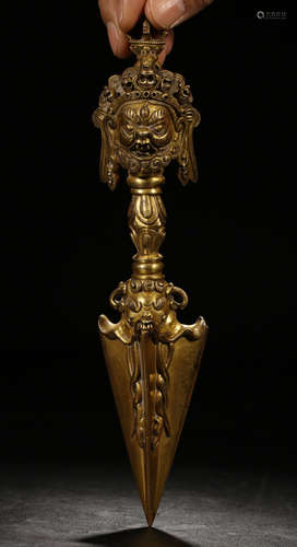 A TIBETAN GILT BRONZE KINGKANG INSTRUMENT