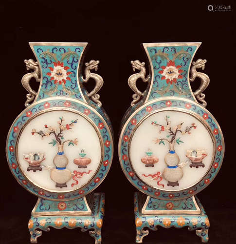 PAIR ENAMELED GLAZE GEM DECORATED VASE