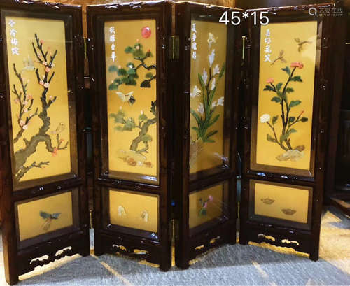 A WOOD CARVED GEM DECORATED PLUM ORCHID PATTERN SCREEN