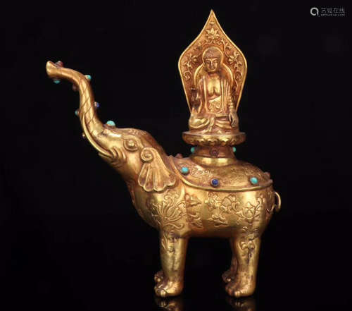 A GILT BRONZE ELEPHANT BASE BUDDHA