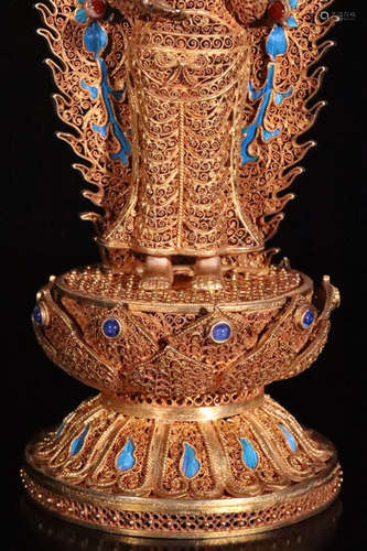 A GILT SILVER CLOISONNE FILIGREE GUANYIN BUDDHA