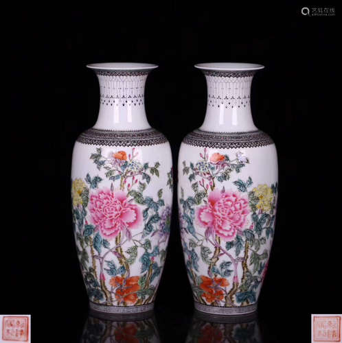 PAIR FAMILLE-ROSE BOTTLE VASES WITH MARK