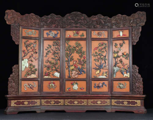 A ZITAN WOOD FLORAL AND BIRD PATTERN SCREEN