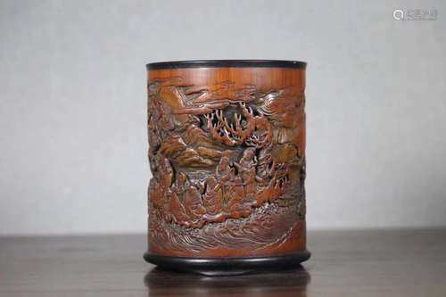 A OLD BAMBOO WOOD CARVED BRUSH POT